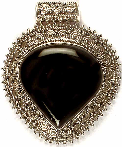 Inverted Tear Drop Black Onyx Pendant with Spiral Border