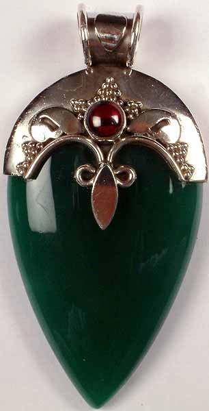 Inverted Tear Drop Green Onyx Pendant with Garnet