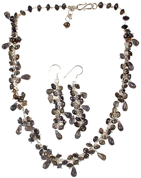 Iolite Dangling Drop Necklace with Matching Earrings Set
