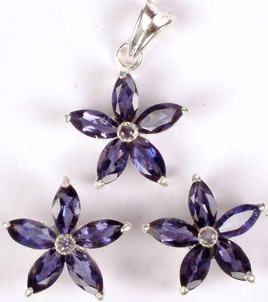 Iolite Flower Pendant & Post Earrings Set