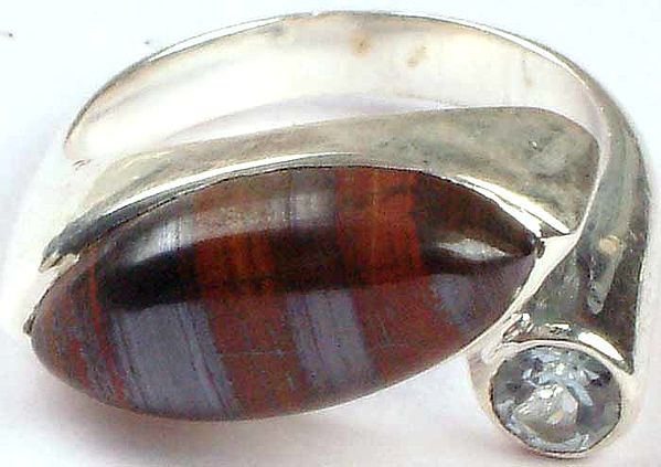 Iron Tiger Eye Ring with Blue Topaz
