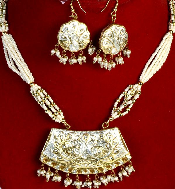 Ivory and Golden Peacock Necklace and Earrings Set with Elephant on Reverse