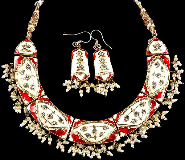 Ivory and Red Designer Necklace with Matching Earrings Set