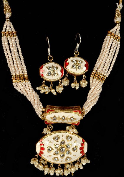 Ivory Beaded Mughal Necklace with Matching Earrings