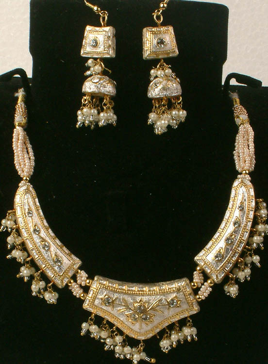 Ivory Floral Necklace with Dangles and Traditional Jhumka Earrings Set
