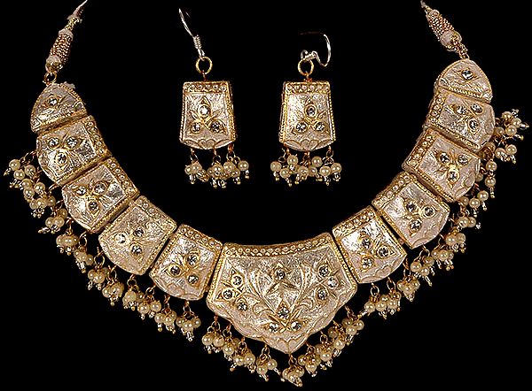 Ivory Mughal Necklace & Earrings Set with Golden Edges and Cut Glass