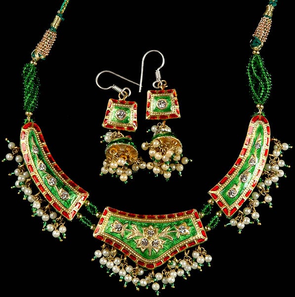 Jade with Crimson Mughal Necklace and Jhumka Earrings