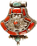 Tibetan Fan Shaped Gau Box Pendant with Coral and Turquoise