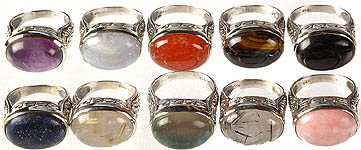 Lot of Ten Gemstone Finger Rings (Amethyst, Lace Agate, Carnelian, Iron Tiger Eye, Black Onyx, Lapis Lazuli, Rutilated Quartz, Fluorite, Tourmalinated Quartz and Pink Opal)