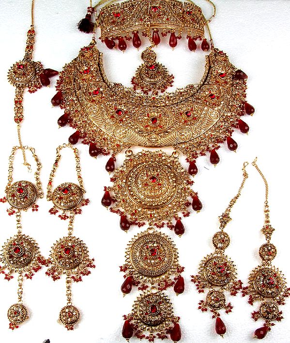 Golden Bridal Set with Choker, Earrings, Tika and Slave Bracelets