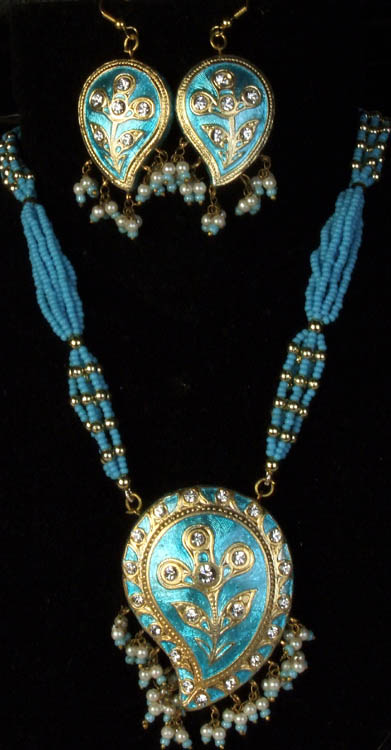 Robin-Egg Blue Meenakari Necklace and Earrings Set with Large Paisleys