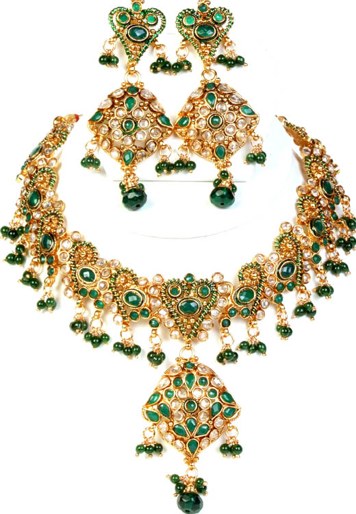 Green Ganga-Jamuna Polki Necklace and Earrings Set with Cut Glass