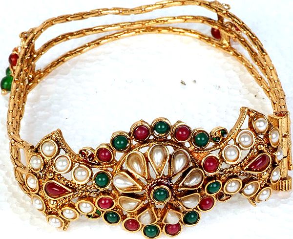 Faux Ruby, Emerald and Pearl Polki Bracelet with Screw Clasp