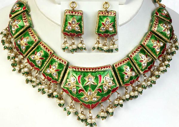Green Mughal Meenakari Necklace and Earrings Set with Floral Motif