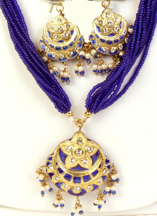 Royal Blue Necklace and Earrings Set with Islamic Crescent Moon