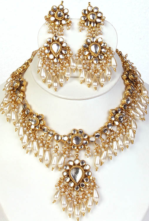 Faux Pearl Bridal Kundan Necklace with Earrings Set