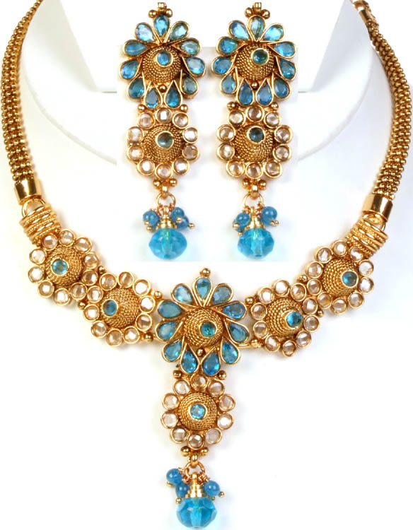 Azure-Blue Polki Necklace and Earrings Set with Cut Glass