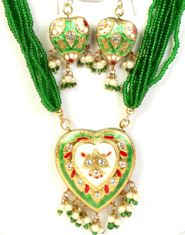 Green Valentine Necklace Set with Gold and Red Accent