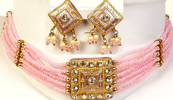 Pink Choker Necklace and Earrings Set with Beads