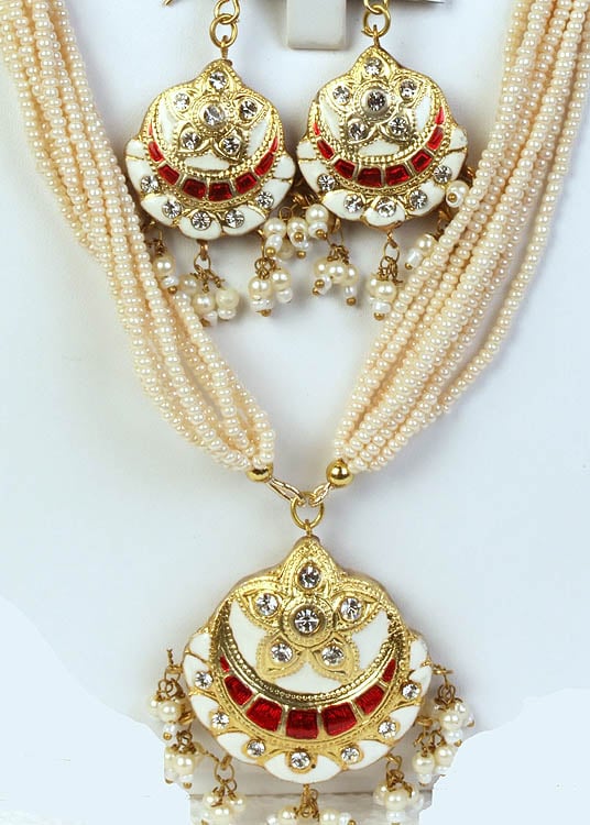 Ivory Necklace and Earrings Set with Islamic Crescent Moon and Red Accent