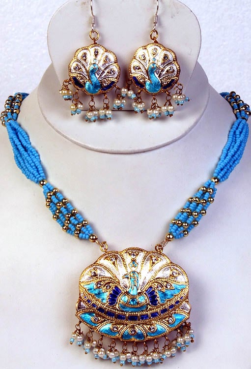 Turquoise and Golden Peacock Necklace and Earrings Set