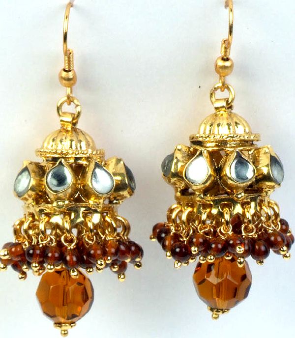 Kundan Chandelier Earrings with Brown Glass Beads