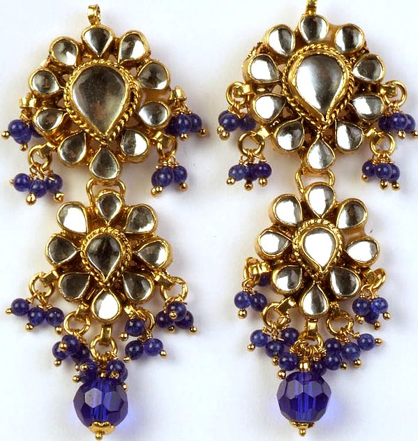 Kundan Earrings with Royal-Blue Beads