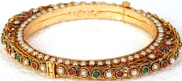 Faux Ruby, Emerald and Pearl Polki Oval Bangle with Screw Clasp