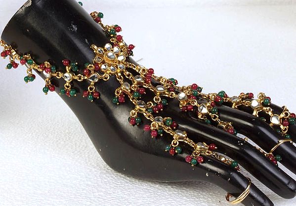 Kundan Three-Ring Slave Bracelet with Faux Ruby and Emerald