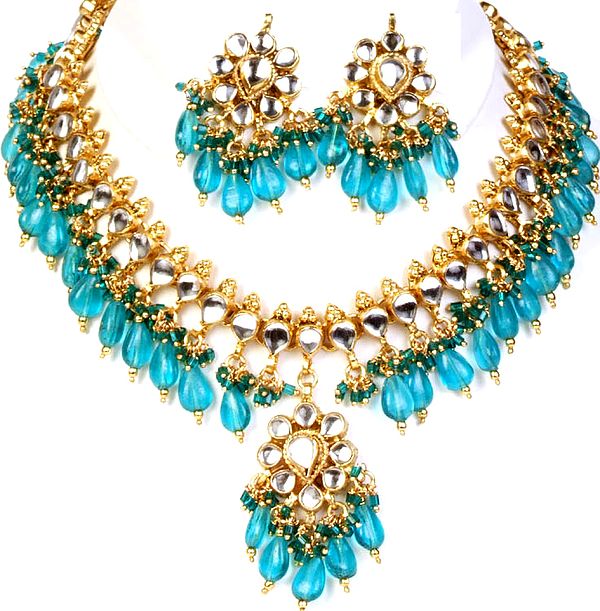 Kundan Necklace Set with Sea-Green Glass Beads