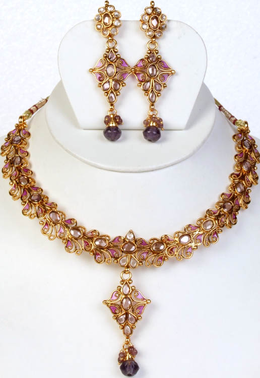 Violet Polki Necklace and Earrings Set with Cut Glass
