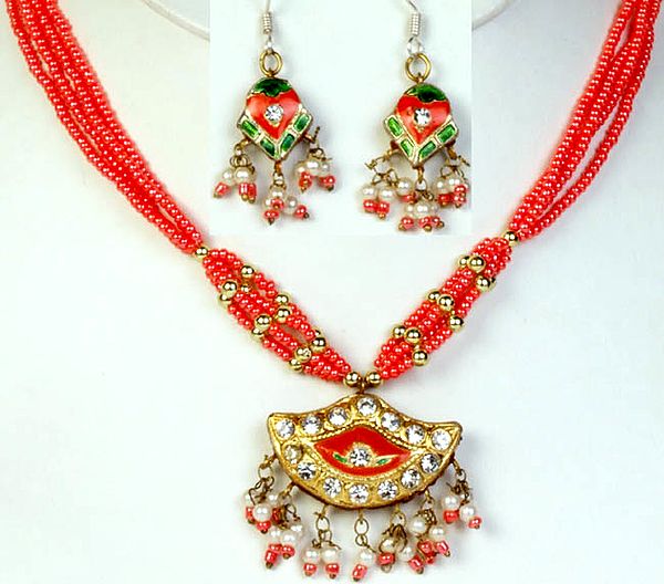 Orange Meenakari Necklace and Earrings Set with Mughal Design