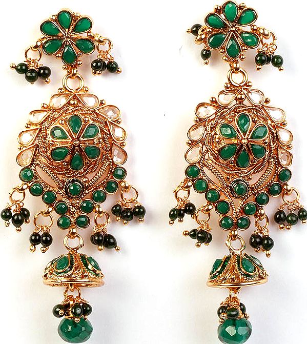 Polki Post Earrings with Faux Emeralds and Cut Glass