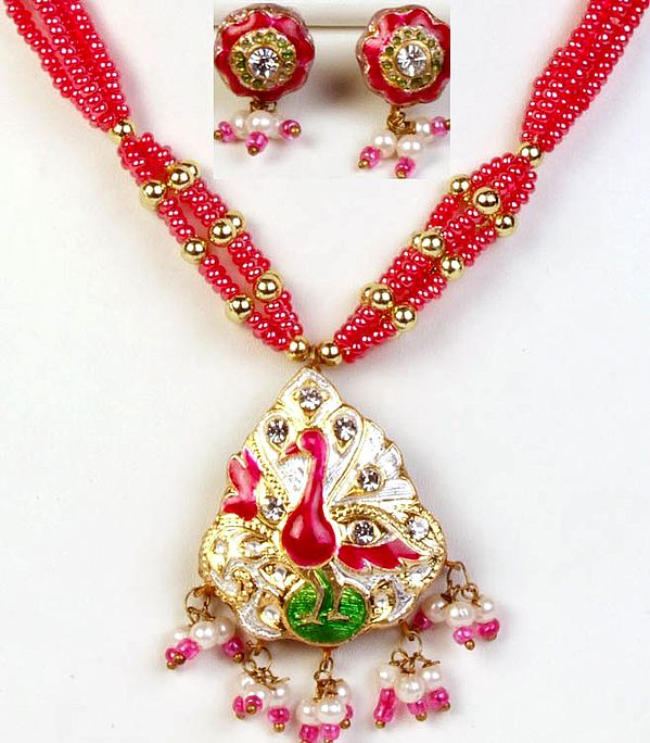 Magenta Meenakari Necklace and Earrings Set with Peacock