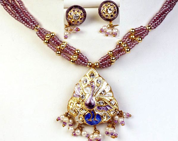 Lavender Meenakari Necklace and Earrings Set with Peacock