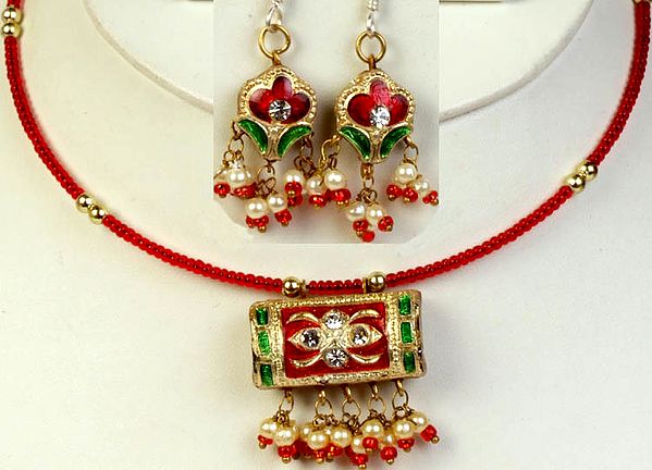 Red Meenakari Choker Necklace and Earrings Set