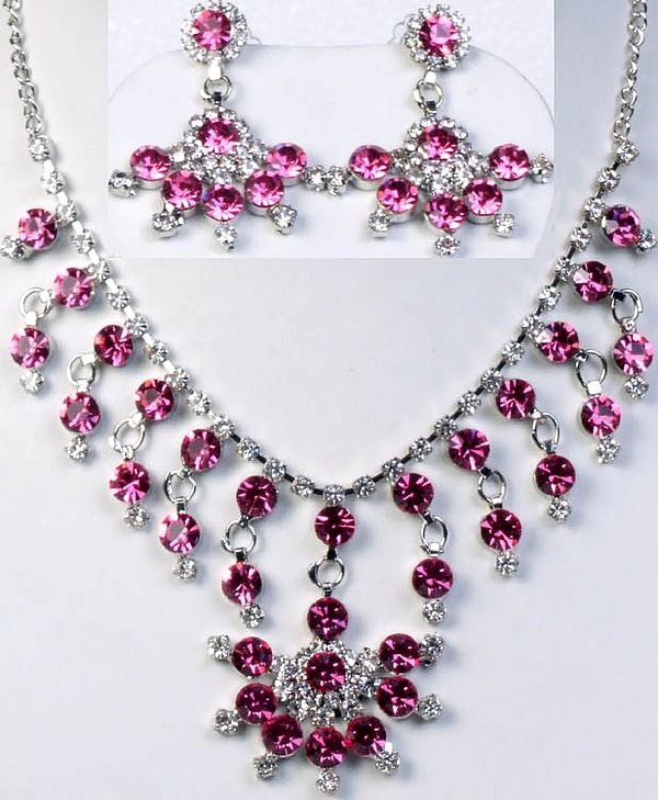 Pink Victorian Necklace and Earrings Set with Cut Glass