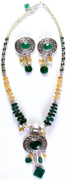Gemstone Fine Necklace with Charms and Matching Earrings Set (Green Onyx, Citrine, Pearl and Peridot)