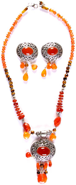 Carnelian Necklace with Tiger Eye and Matching Earrings Set
