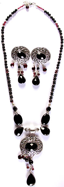 Black Onyx and Garnet with Charms and Earrings Set