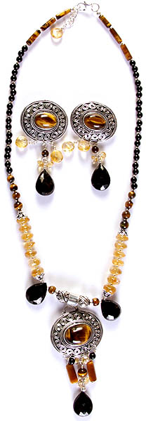 Gemstone Fine Necklace with Charms and Earrings Set (Tiger Eye, Black Onyx and Citrine)