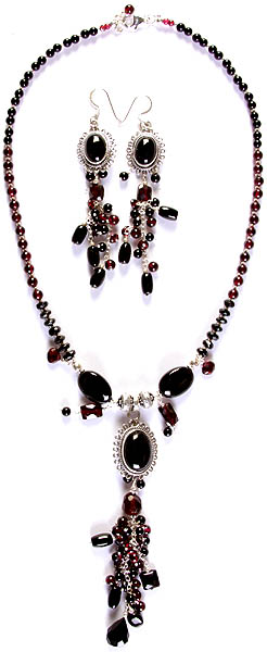 Black Onyx and Garnet Necklace with Shower and Earrings Set