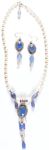 Faceted Blue Chalcedony and Pearl Necklace with Charms and Earrings Set