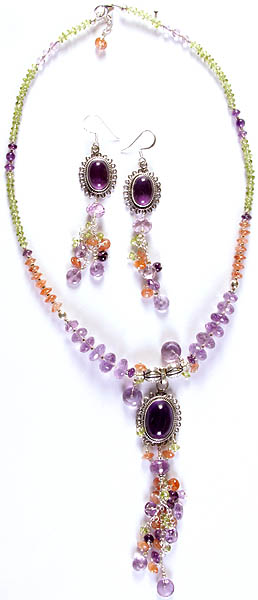Gemstone Fine Necklace with Shower and Earrings Set (Peridot, Amethyst, Carnelian)