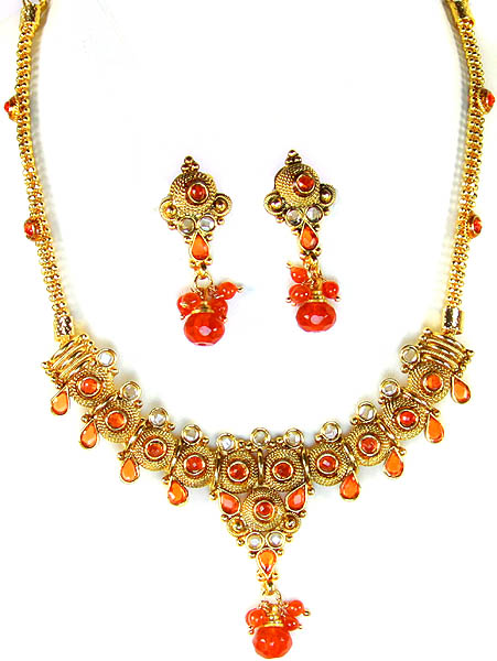 Orange Polki Necklace and Earrings Set with Cut Glass