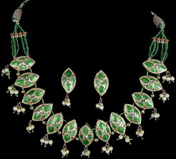 Kelly-Green Floral Necklace with Matching Earrings Set
