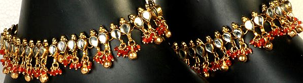 Kundan Anklet Pair with Orange Beads