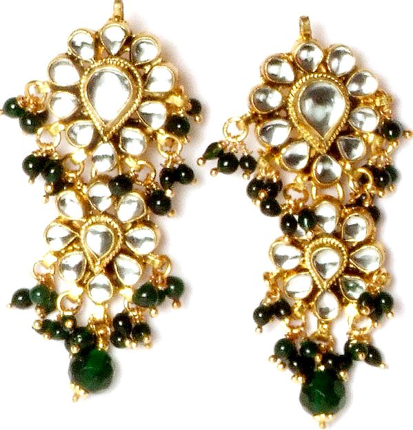 Kundan Earrings with Bottle-Green Beads
