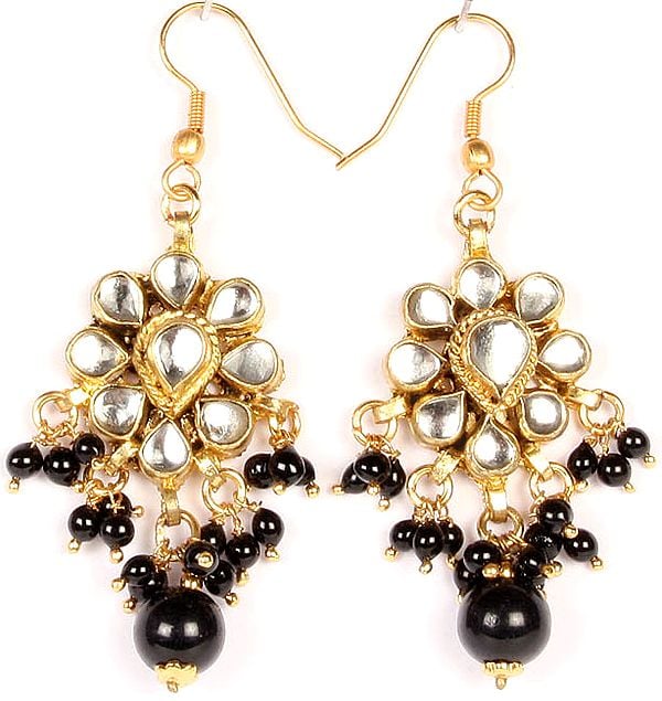 Kundan Earrings with Dangling Black Beads