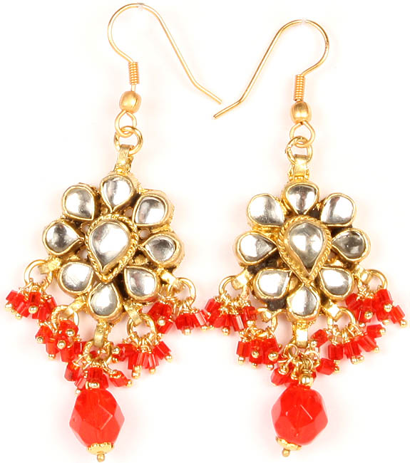 Kundan Earrings with Dangling Orange Beads